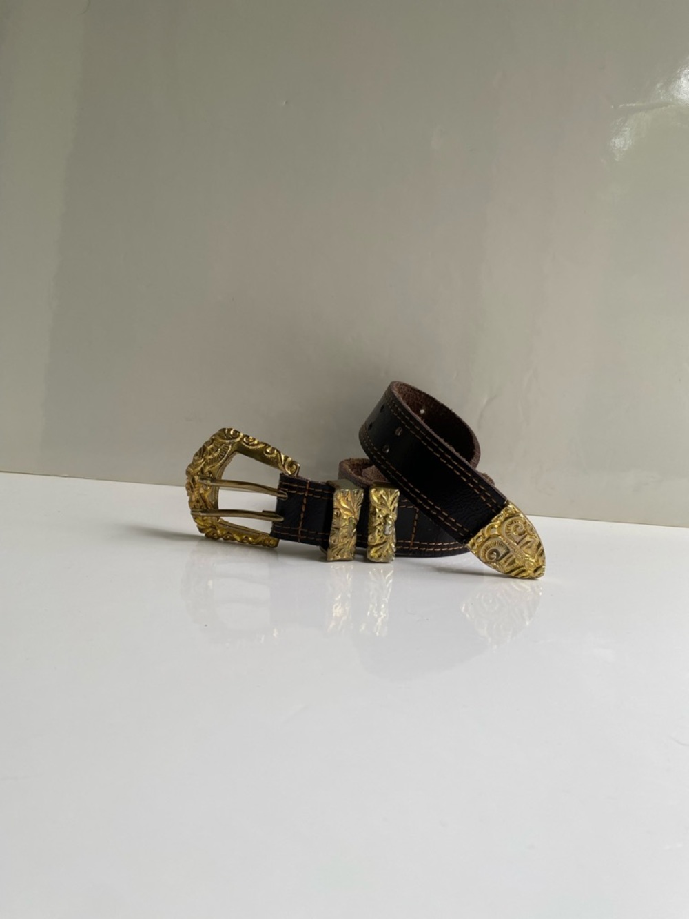 Vintage Dark Brown Leather Belt with Ornate Gold Buckle